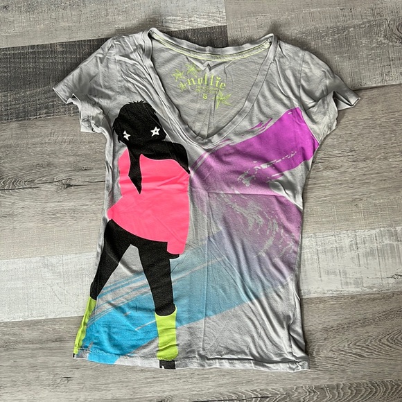 Nollie Gray Pink Purple V-Neck Graphic T-Shirt Size Small Dancing Neon - Picture 2 of 10